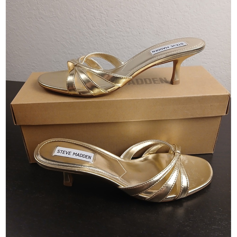 Steve Madden Cary Gold Leather Kitten Heel Sandals Metallic Strappy Mules 8.5